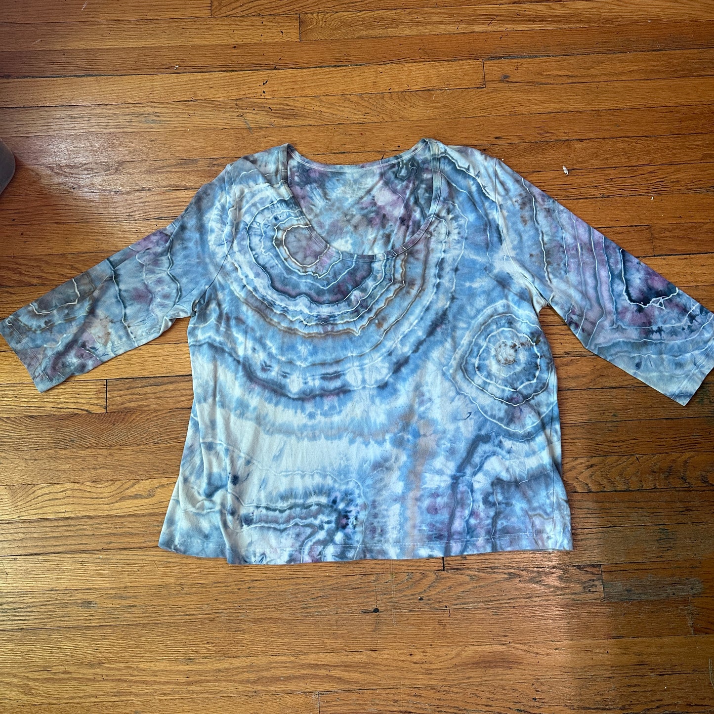 Tie Dye Tee, Upcycled, 2x Ice Dye 3/4 sleeve Geode