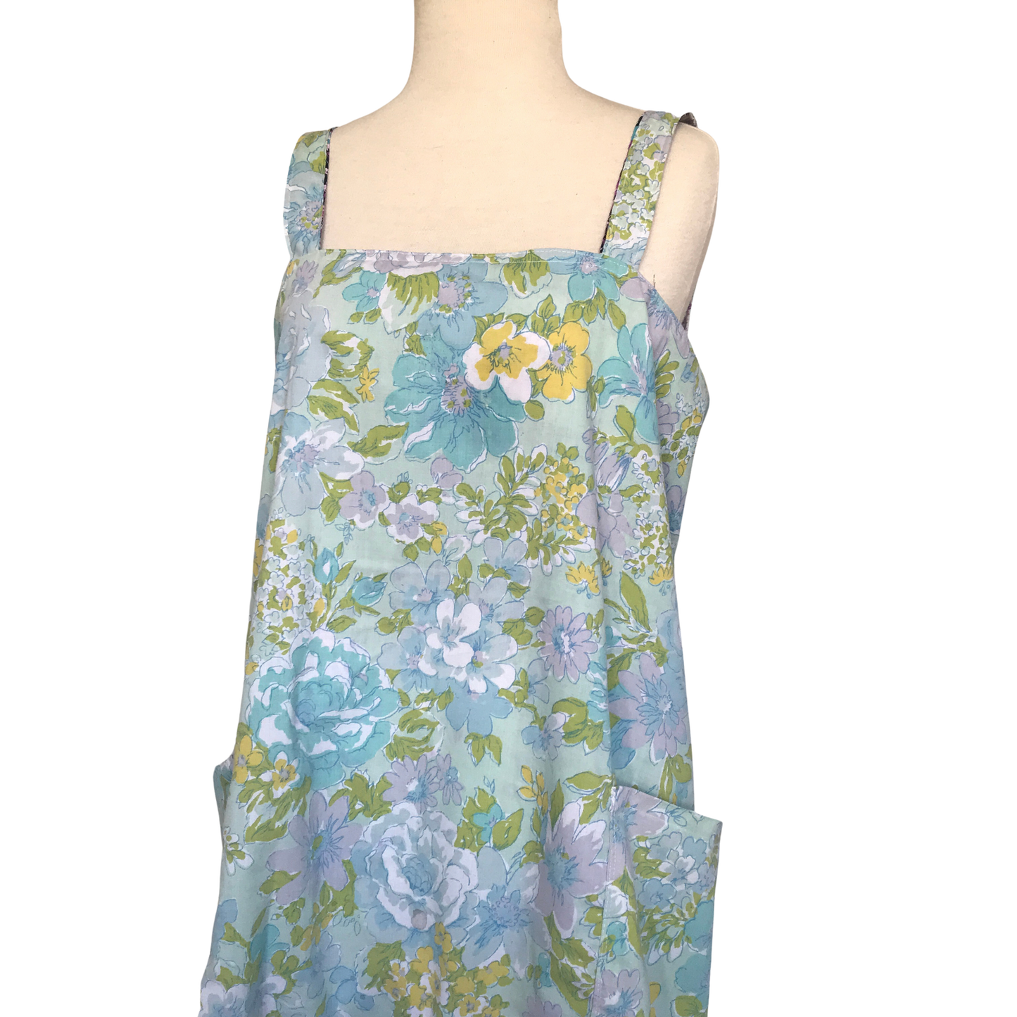Crossback Pinafore Apron Reversible Vintage Blue Floral & Purple Bird Plus Size