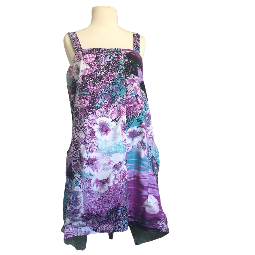 Crossback Pinafore Apron Reversible Vintage Blue Floral & Purple Bird Plus Size