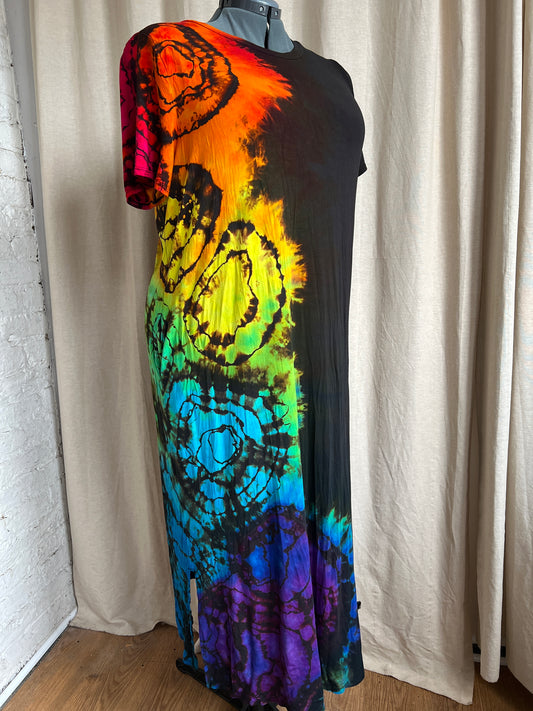 Tie Dye Maxi Dress 1X Reverse Dye Rainbow Geode Flower