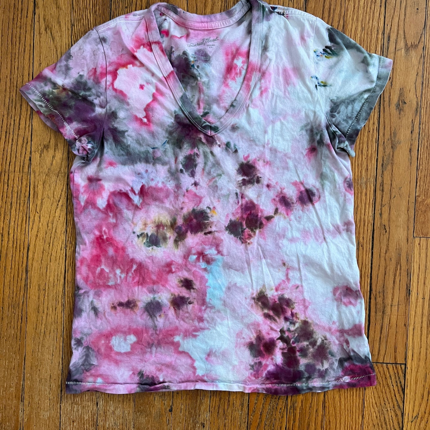 Tie Dye Tee, Upcycled, Small, Ice Dye Pink and Charcoal