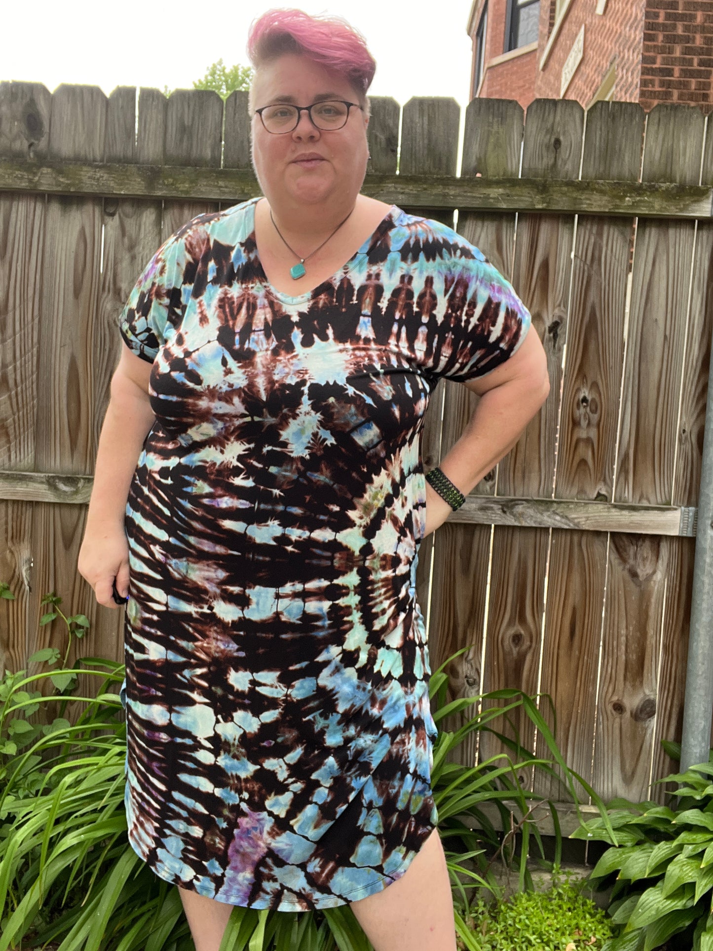 Tie Dye Dress, 2X, Midi Dress, Short Sleeve, Midi with side slits, Blues Black Reverse Shibori
