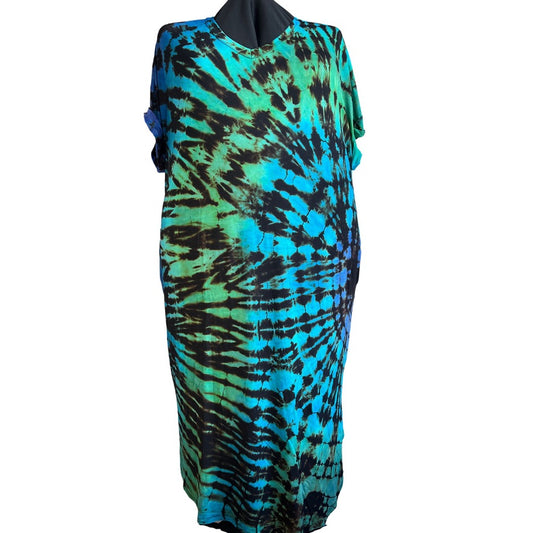 Tie Dye Dress, 3X, Midi Dress,  Short Sleeve, Midi with side slits, Blue/Green  Black Reverse Shibori