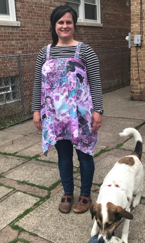 Crossback Pinafore Apron Reversible Vintage Blue Floral & Purple Bird Plus Size