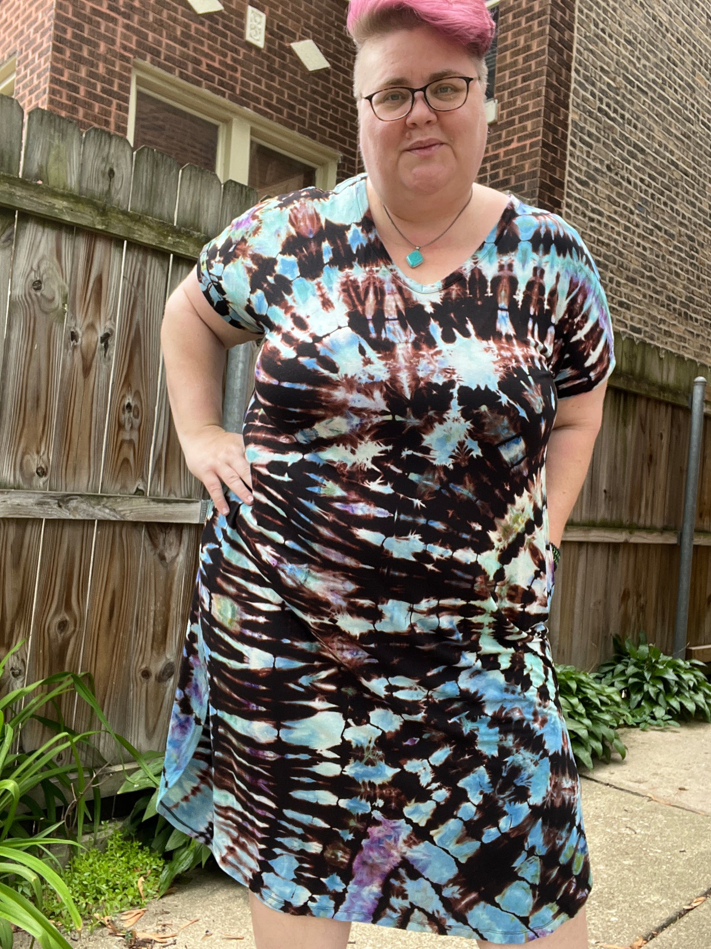 Tie Dye Dress, 2X, Midi Dress, Short Sleeve, Midi with side slits, Blues Black Reverse Shibori