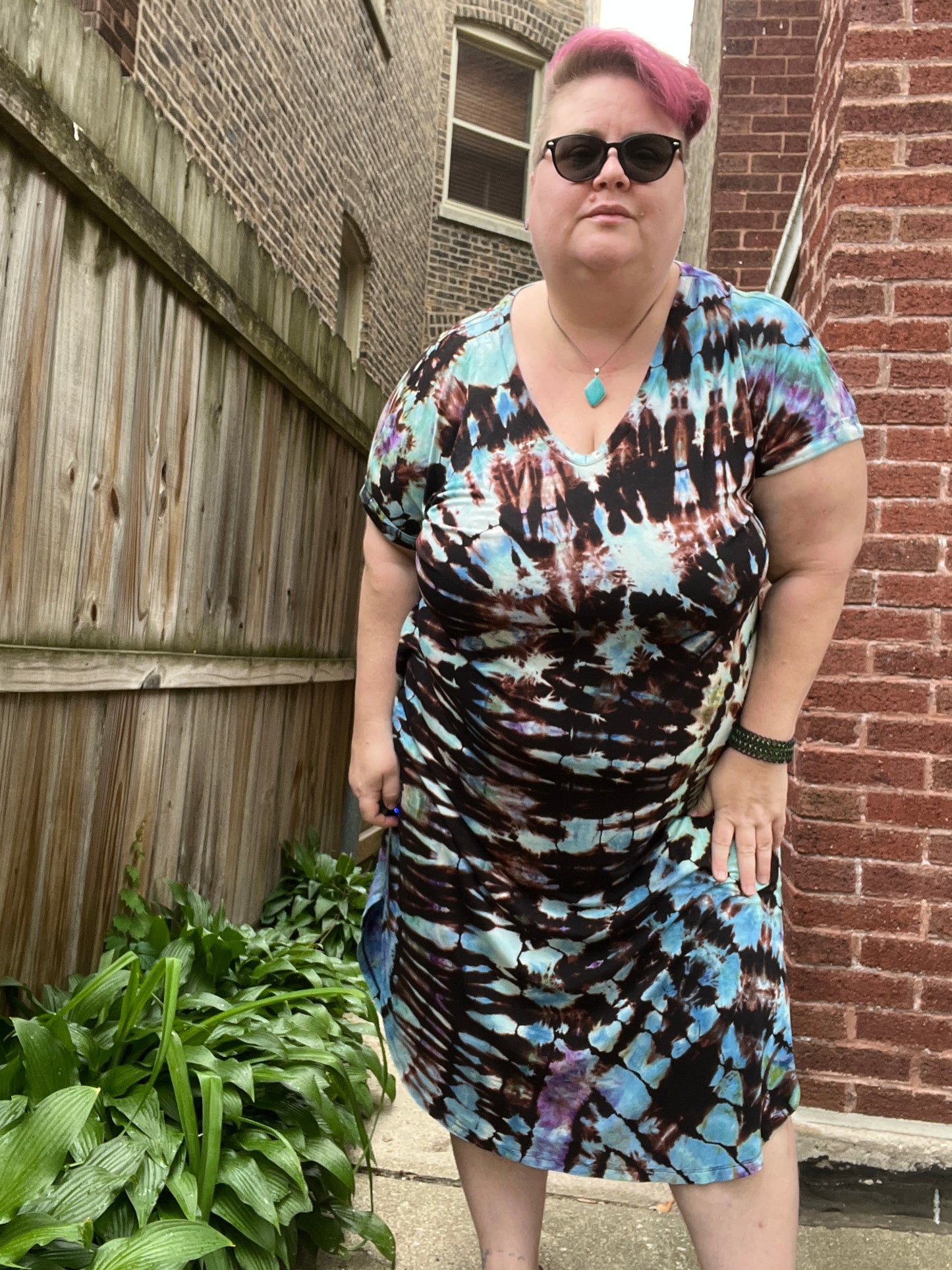 Tie Dye Dress, 2X, Midi Dress, Short Sleeve, Midi with side slits, Blues Black Reverse Shibori