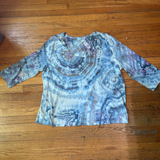 Tie Dye Tee, Upcycled, 2x Ice Dye 3/4 sleeve Geode