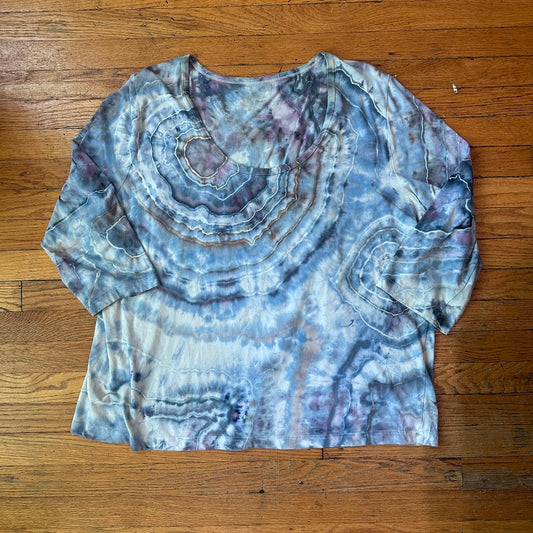 Tie Dye Tee, Upcycled, 2x Ice Dye 3/4 sleeve Geode