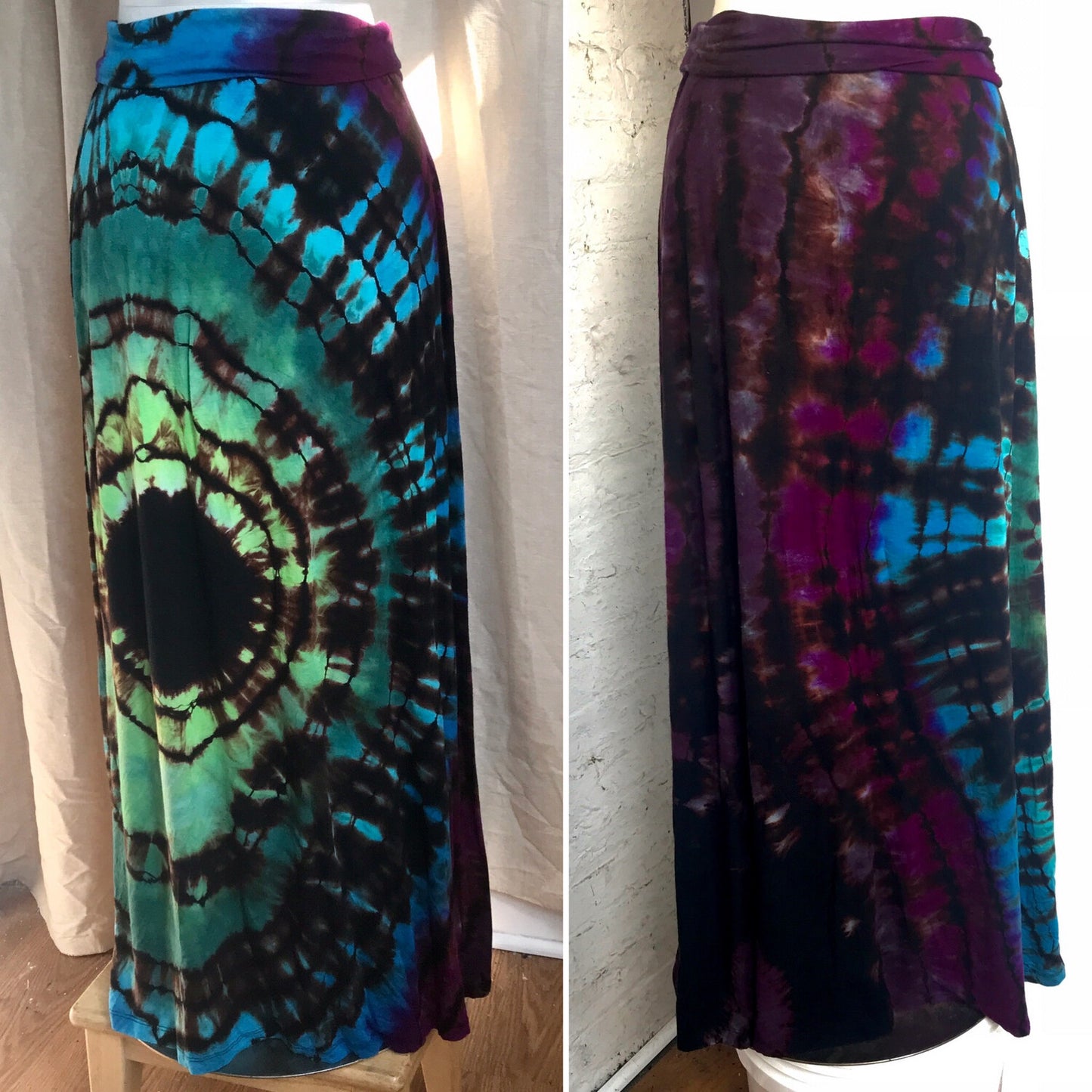 Tie Dye Maxi Skirt,  Size Medium. Peacock Colorway Geode