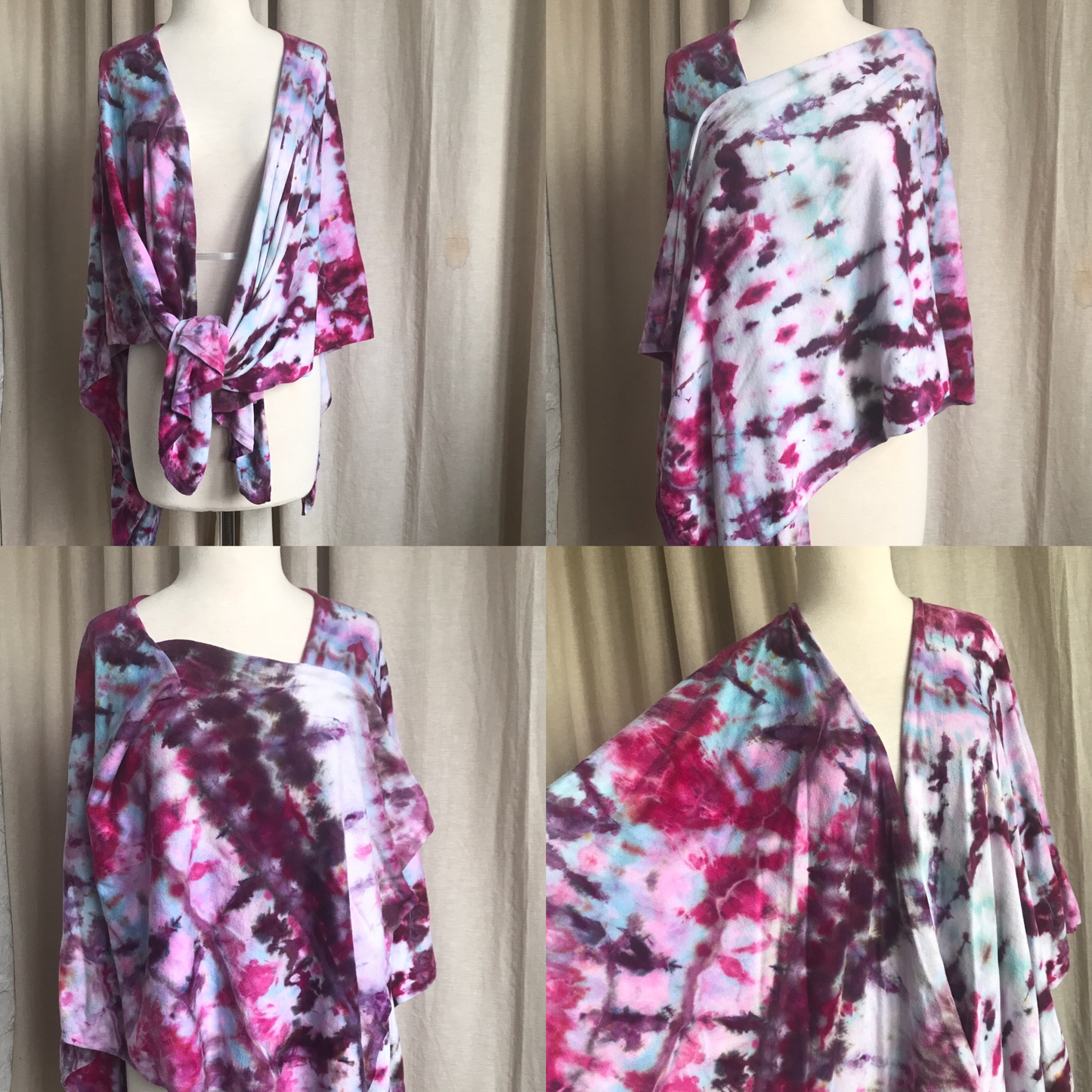 Four images of the same tie dye shawl on a dressform. the colors of the shawl are turquoise, fuschia and plum in abstract and irregular lines