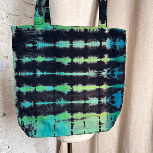 Tote Bag, Tie Dye Black Green/Blue Shibori