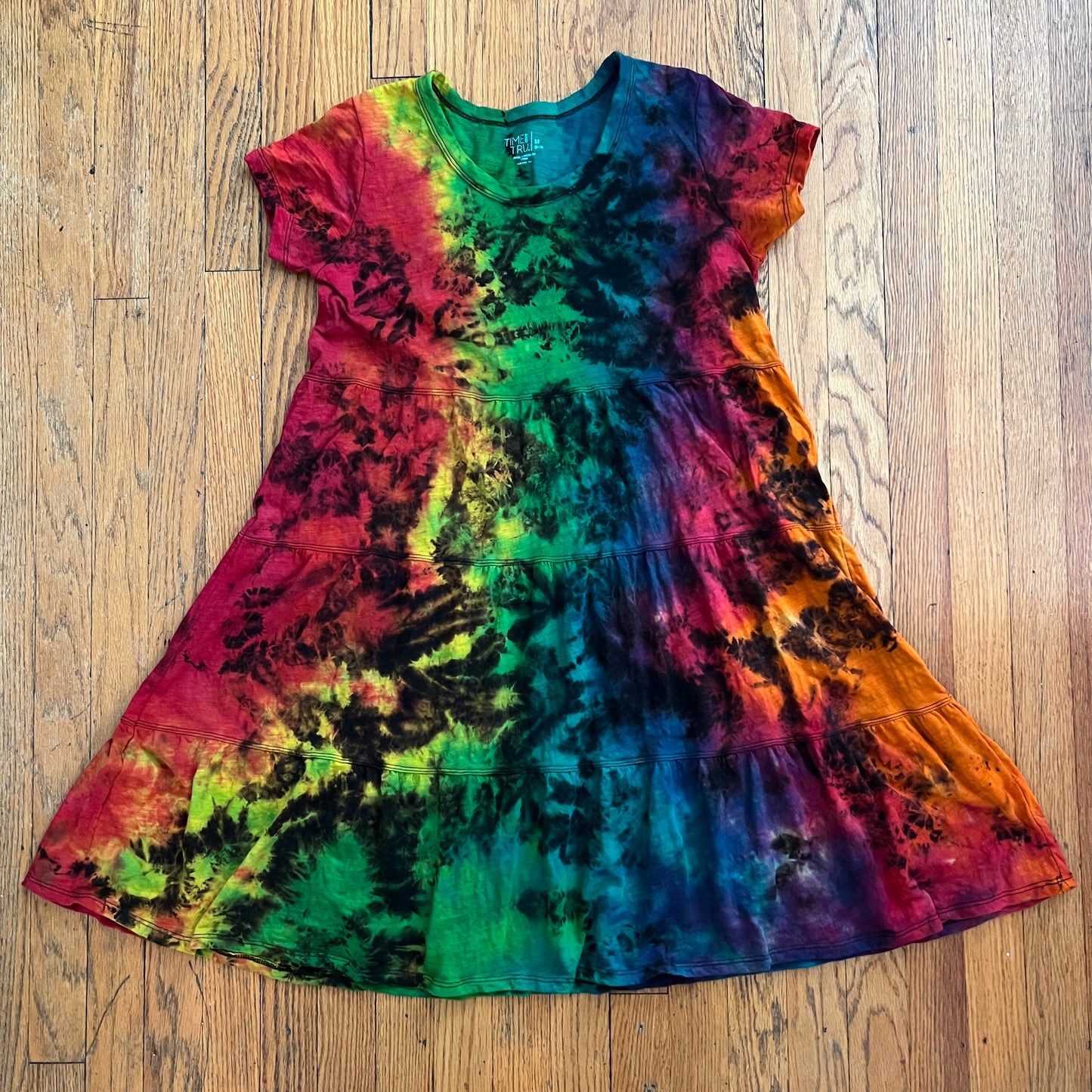 Tie Dye Dress, Rainbow Reverse Dye, Size Medium, Short Sleeve with Tiers