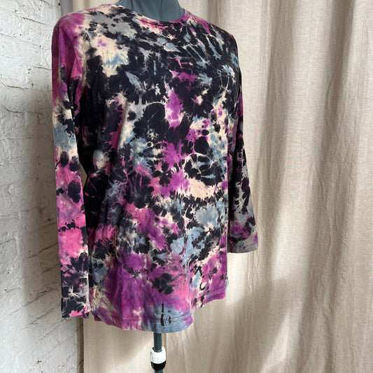 Tie Dye Tee, Upcycled, Large, Long Sleeve Plum Grey Scrunch