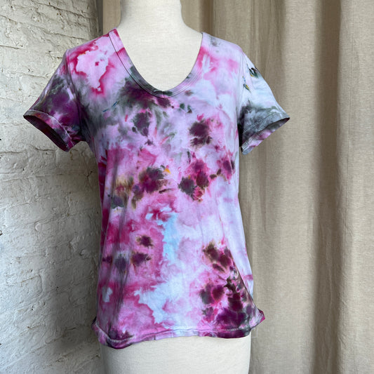 Tie Dye Tee, Upcycled, Small, Ice Dye Pink and Charcoal