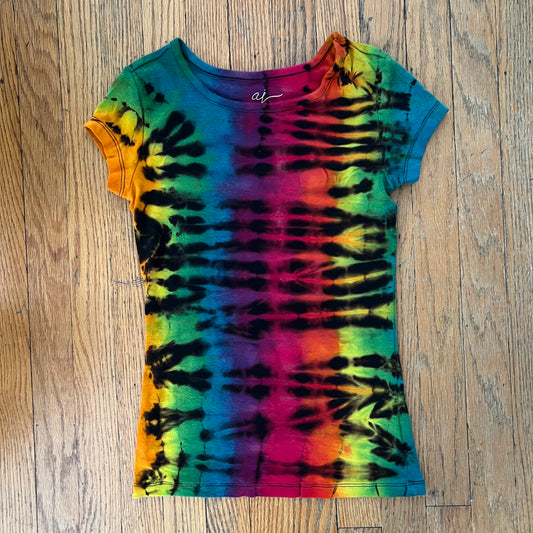 Tie Dye Tee, Upcycled, Small, Reverse Dye Rainbow