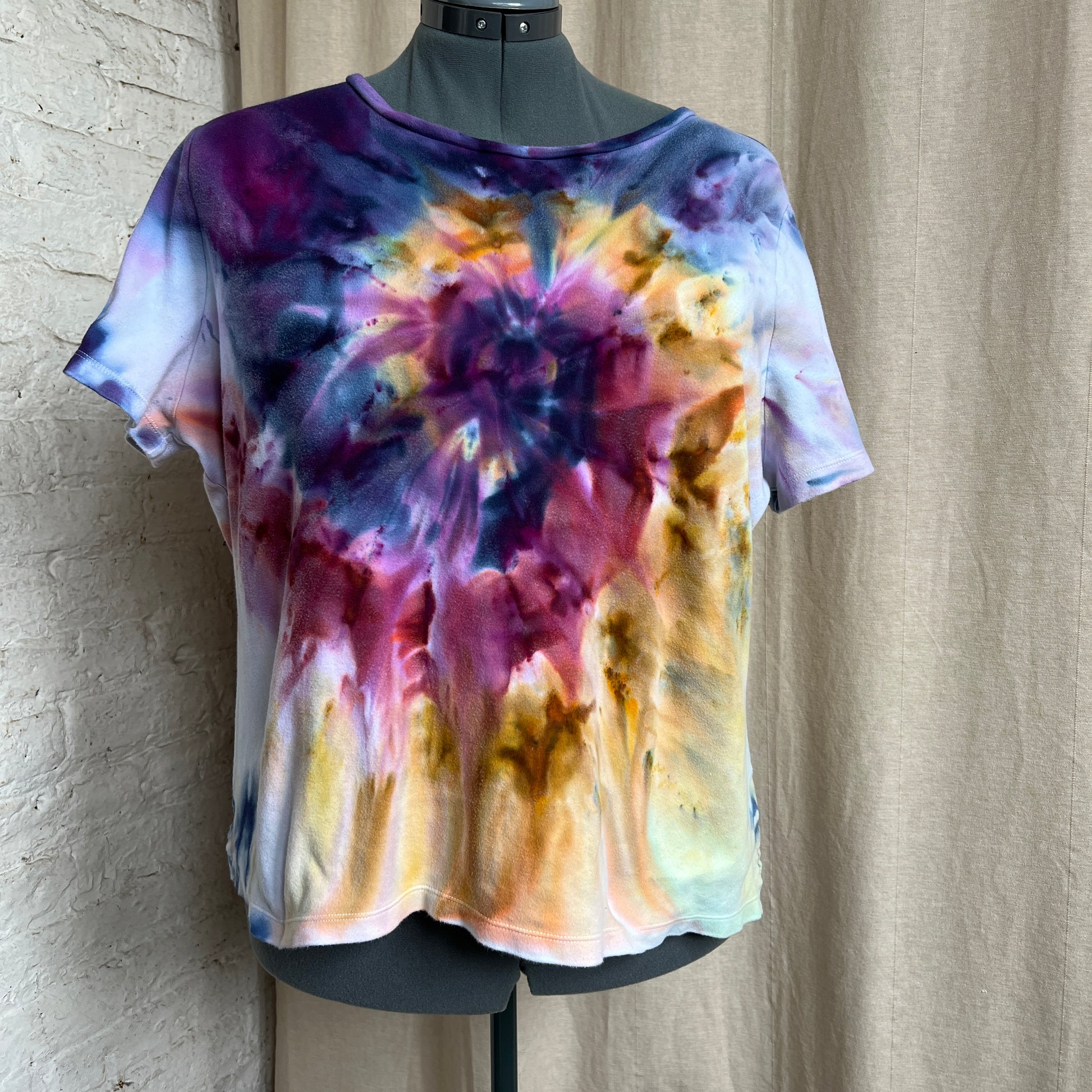Tie Dye Tee, Upcycled, 2x Ice Dye Watercolor Earthy Rainbow