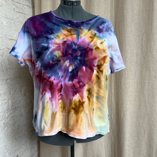 Tie Dye Tee, Upcycled, 2x Ice Dye Watercolor Earthy Rainbow