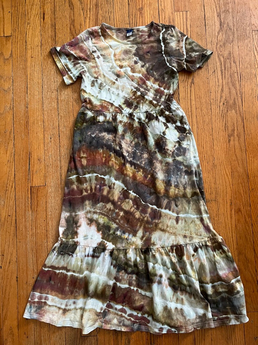 TIe Dye Dress, Short Sleeve, Midi with Tier, Sandy Rock Colorway