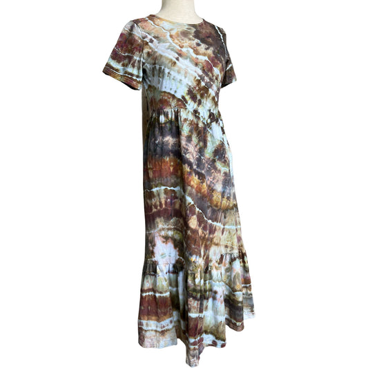 TIe Dye Dress, Short Sleeve, Midi with Tier, Sandy Rock Colorway