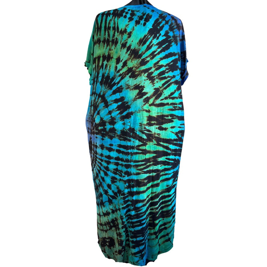 Tie Dye Dress, 3X, Midi Dress,  Short Sleeve, Midi with side slits, Blue/Green  Black Reverse Shibori