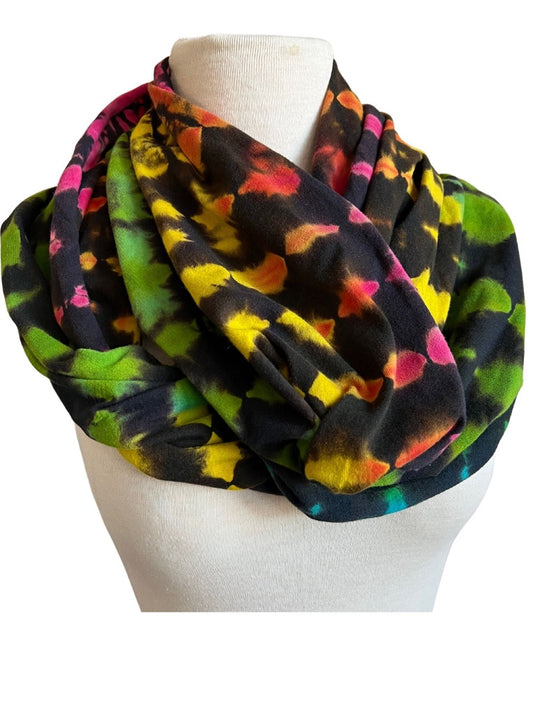 Tie Dyed Infinity Scarves, Reverse Dye, Black Rainbow Candy