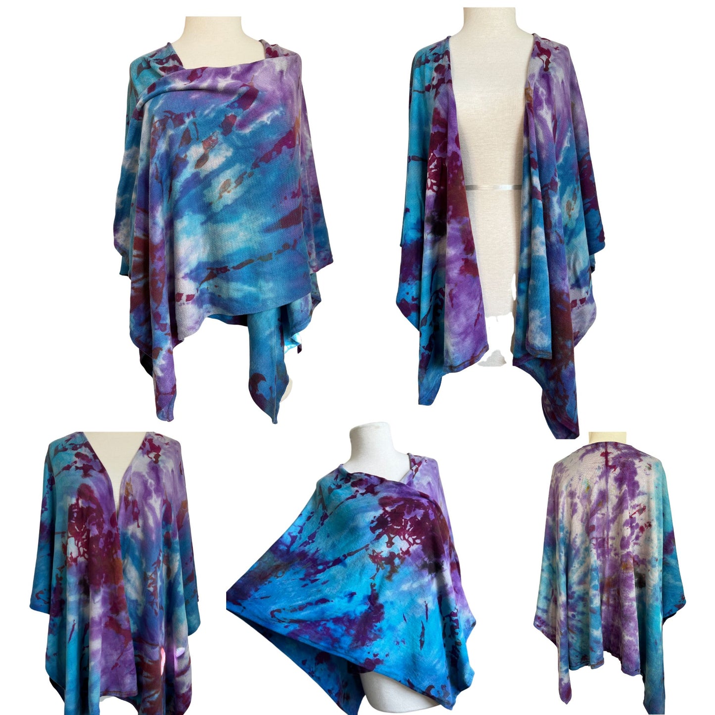 five images of a shawl style wrap that has been tie dyed with blues, purples, and burgandy colors